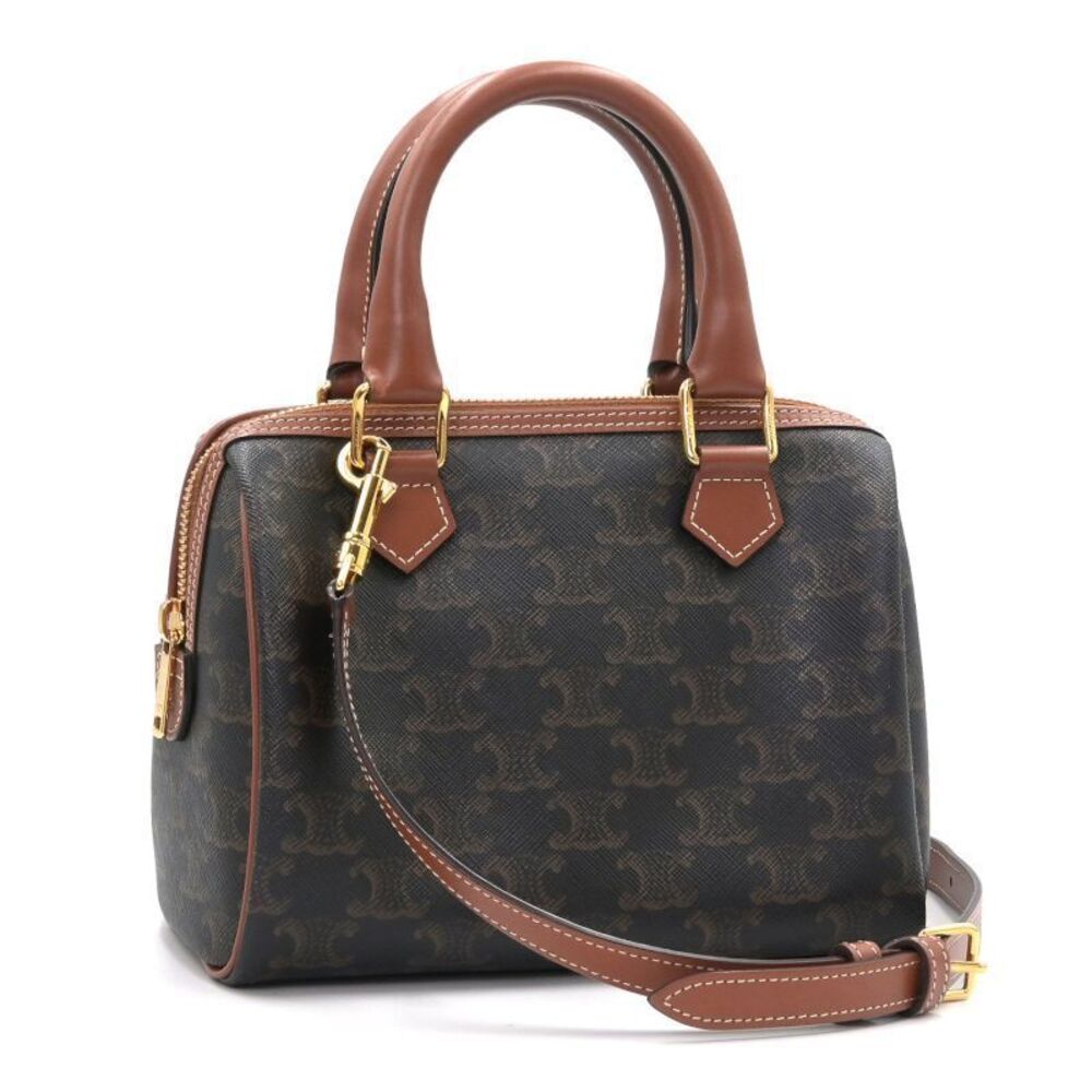 Celine Boston Bag Triomphe Canvas Tan Calfskin Shoulder Brown